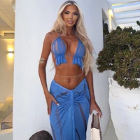 CUTENOVA 2024 Summer Women'S Sexy Hollow Mesh Beah Backless Tops Drawstring Long Skirts Elegant Sexy Party Dresses Club Outfits 2
