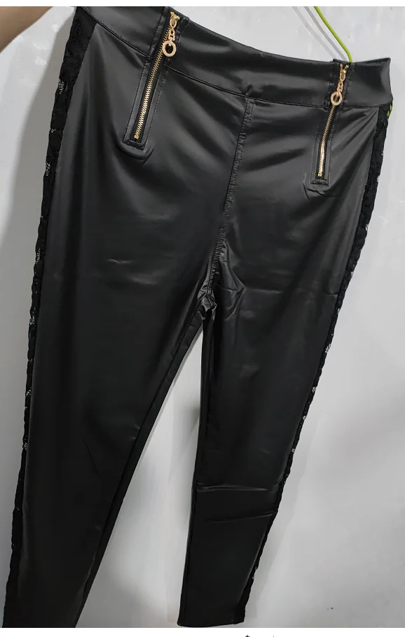 Crochet Pants Lace Patch Zipper Design PU Leather Skinny