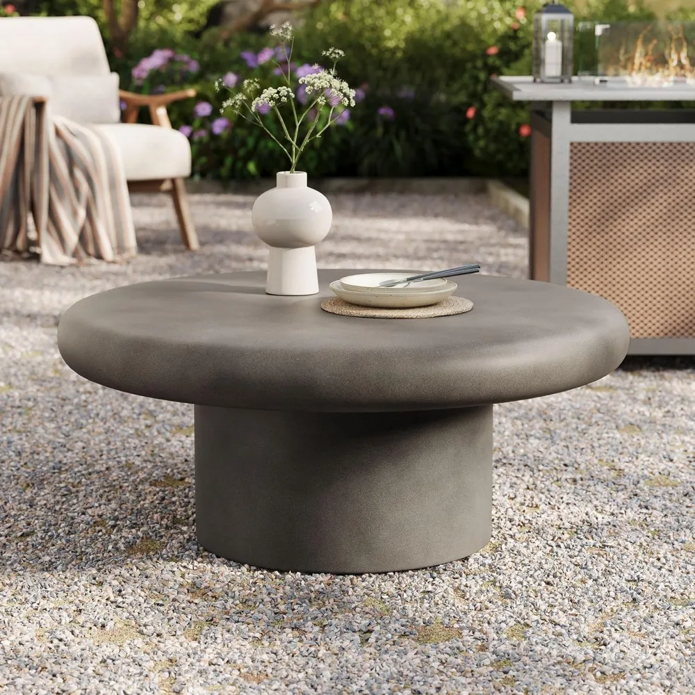 Grey round concrete coffee table - Cement Low floor coffee table - Weather resistant stone patio coffee table 5
