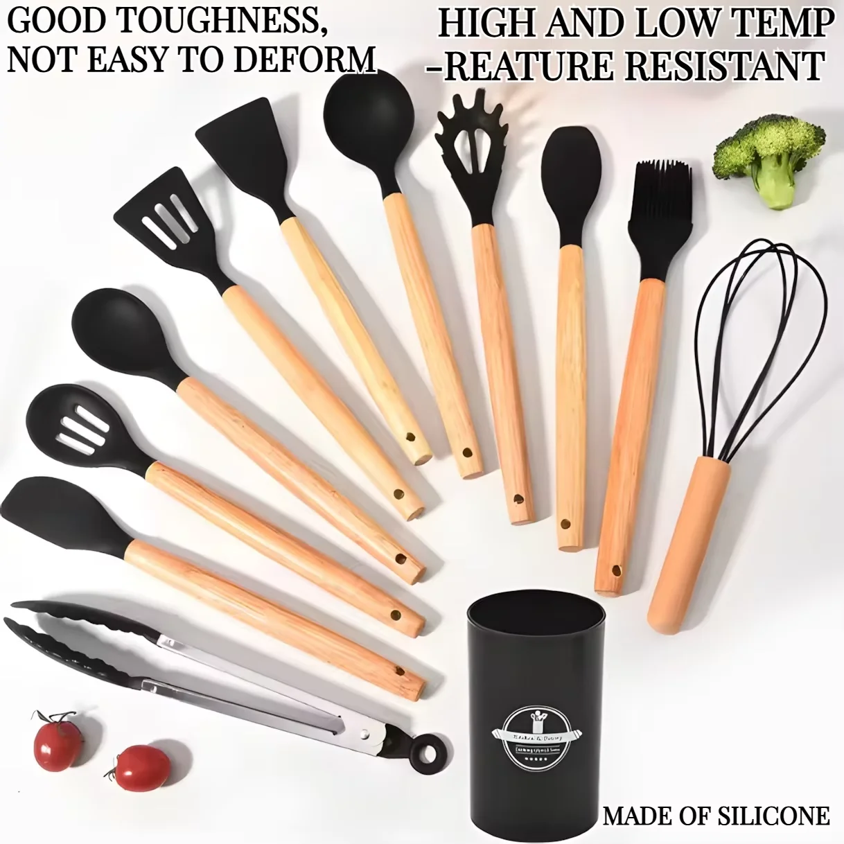 12Pcs Wooden Handle Silicone Kitchen Utensils Set High Temp Resistant Non-Stick Heatproof Storage Bucket Daily Cookiing kitchen utensils