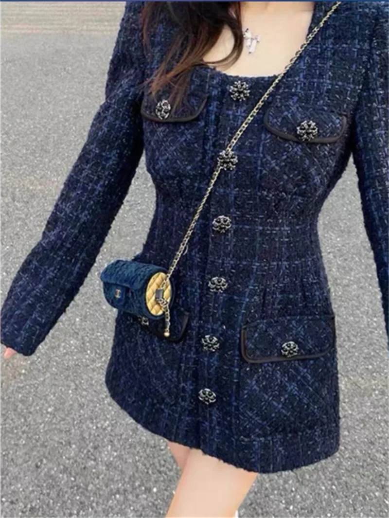 

Women Mini Robe Elegant Tweed Rhinestone Buttons Early Autumn Square Neck Long Sleeve Slim Dress