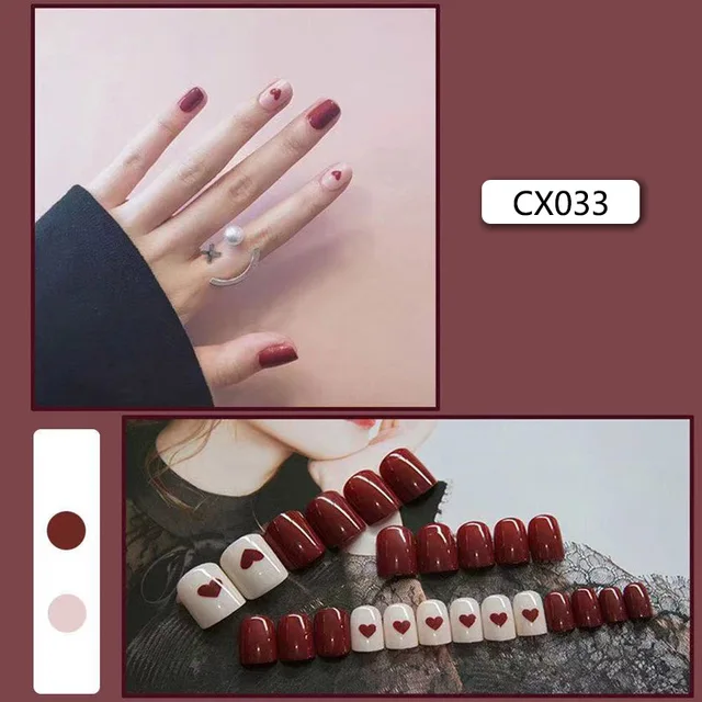 24pcs/box Fake Nails Press on Short Reusable with Designs Set French Artificial Pink False Tipsy Stick-on Nails Tips Art CX033