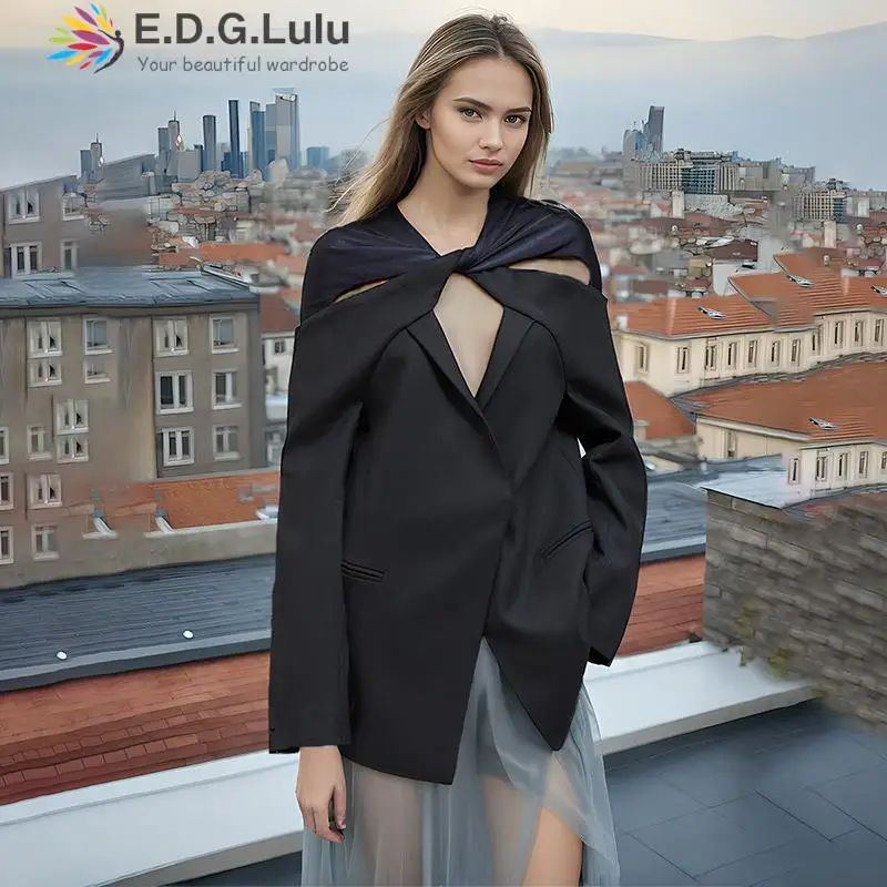 

EDGLuLu Korean Fashion Design Twisted V-Neck Hollow Long Sleeves Blazer Coat Ladies Office Chic Black Coat Spring 0531