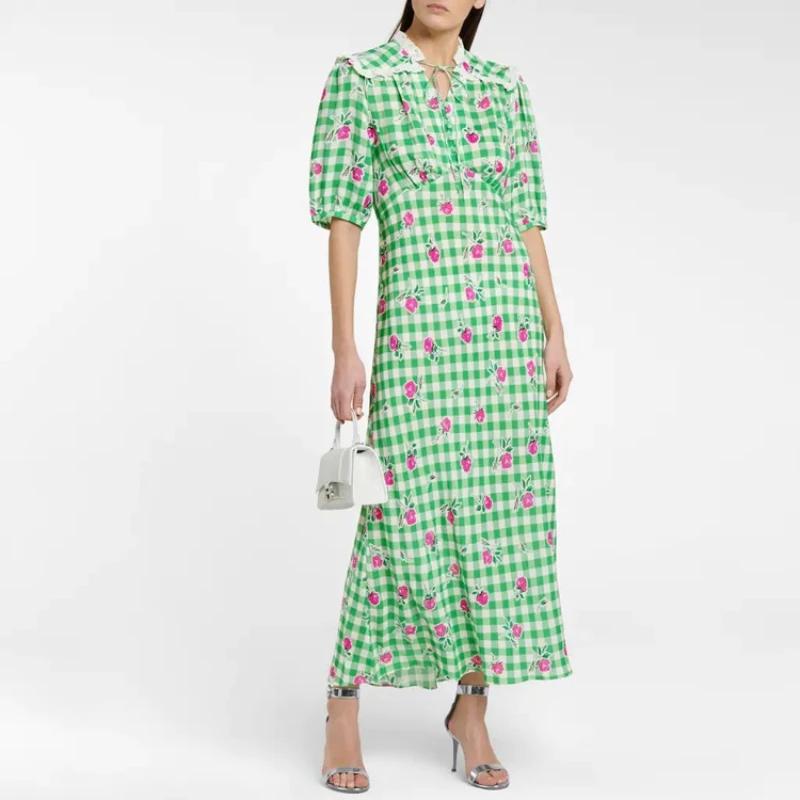 

2023 Spring and Summer New Retro Style Women Fresh Green Print Waist Loose Long Dress Casual