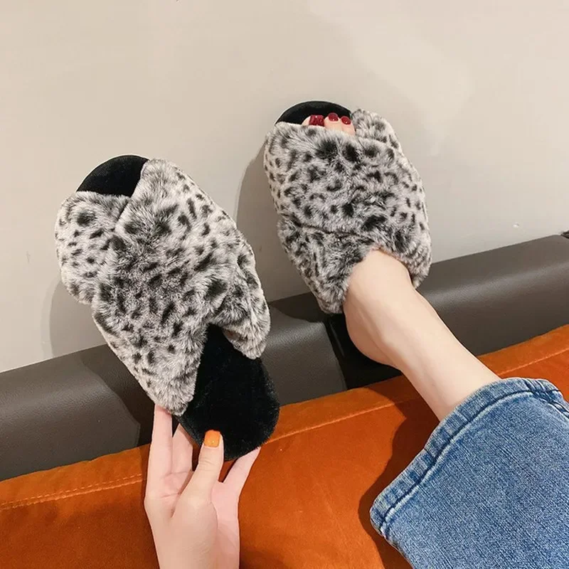 Winter Women Home Slippers Faux Fur Fashion Warm Shoes Woman Slip on Flats Female Slides Leopard Cozy Indoor Furry Slippers