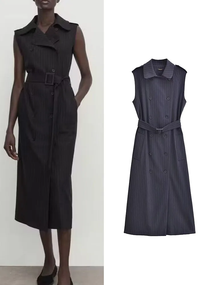 

TRAF Women's Sleeveless Vest Coat Dress with Belt Fashion Striped Tank Dresses Double Breasted Elegant Waist Office Dress