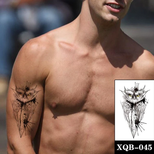 Pegatinas de tatuaje temporal de búho para hombres y mujeres, tatuajes  falsos geométricos de pluma de tinta negra, tatuajes impermeables, brazo y  vientre de gran tamaño - AliExpress