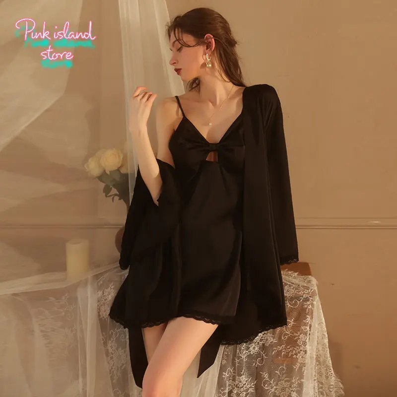

New Sexy Pure Color Pajamas Private Room Hollow Out Suspender Skirt Lace Up Robe Home Clothes Set
