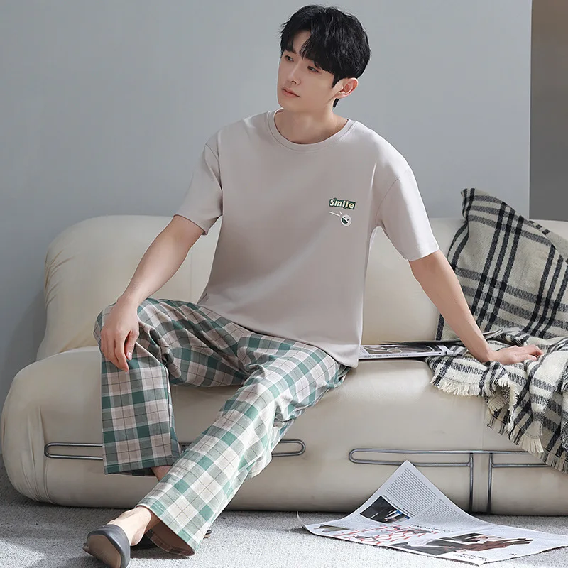 남성용 코튼 파자마 세트, 상의 및 긴 바지, 여름 캐주얼 운동복, 남성용 큰 야드 L-XXXL 파자마, 드롭쉽, 2 개/세트