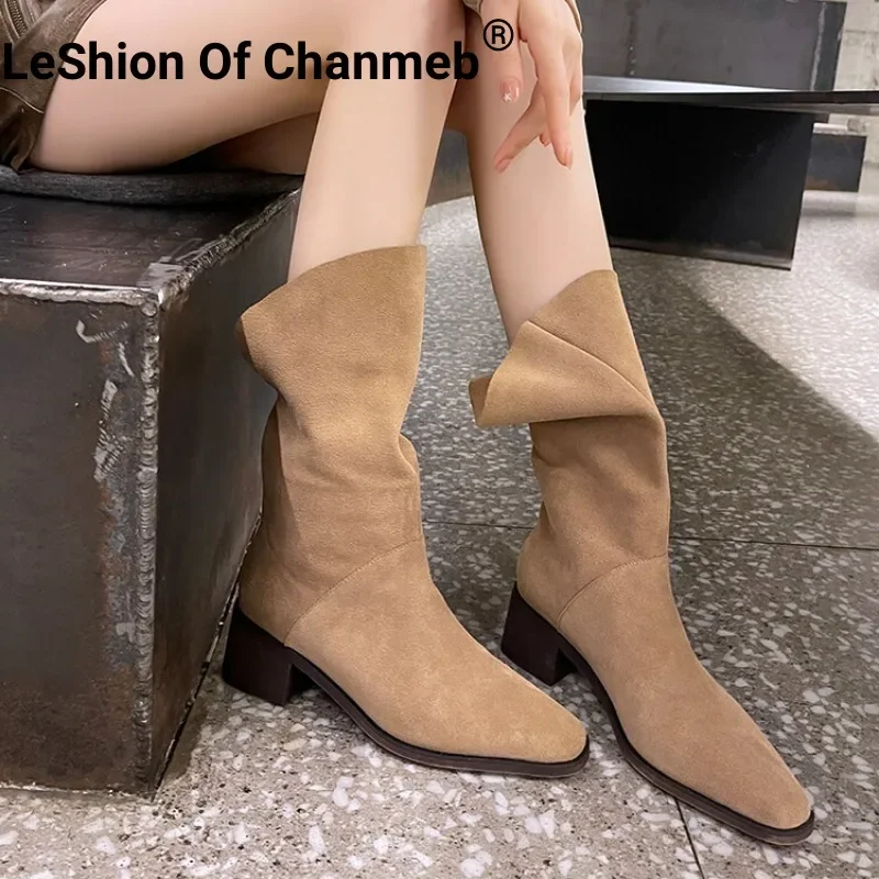 

LeShion Of Chanmeb Women Cow Suede Boots Burgundy Big Plus Calf Western Boots Lady Foldable Block Heels Slipon Shoes Fall Winter