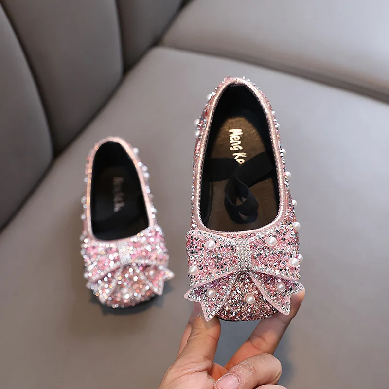 Children's Flats Kid's Single Shoes Fashion Girls Pink Rhinestone Bow Silver Princess Shoes for Students Baby Party girls shoes girls flats