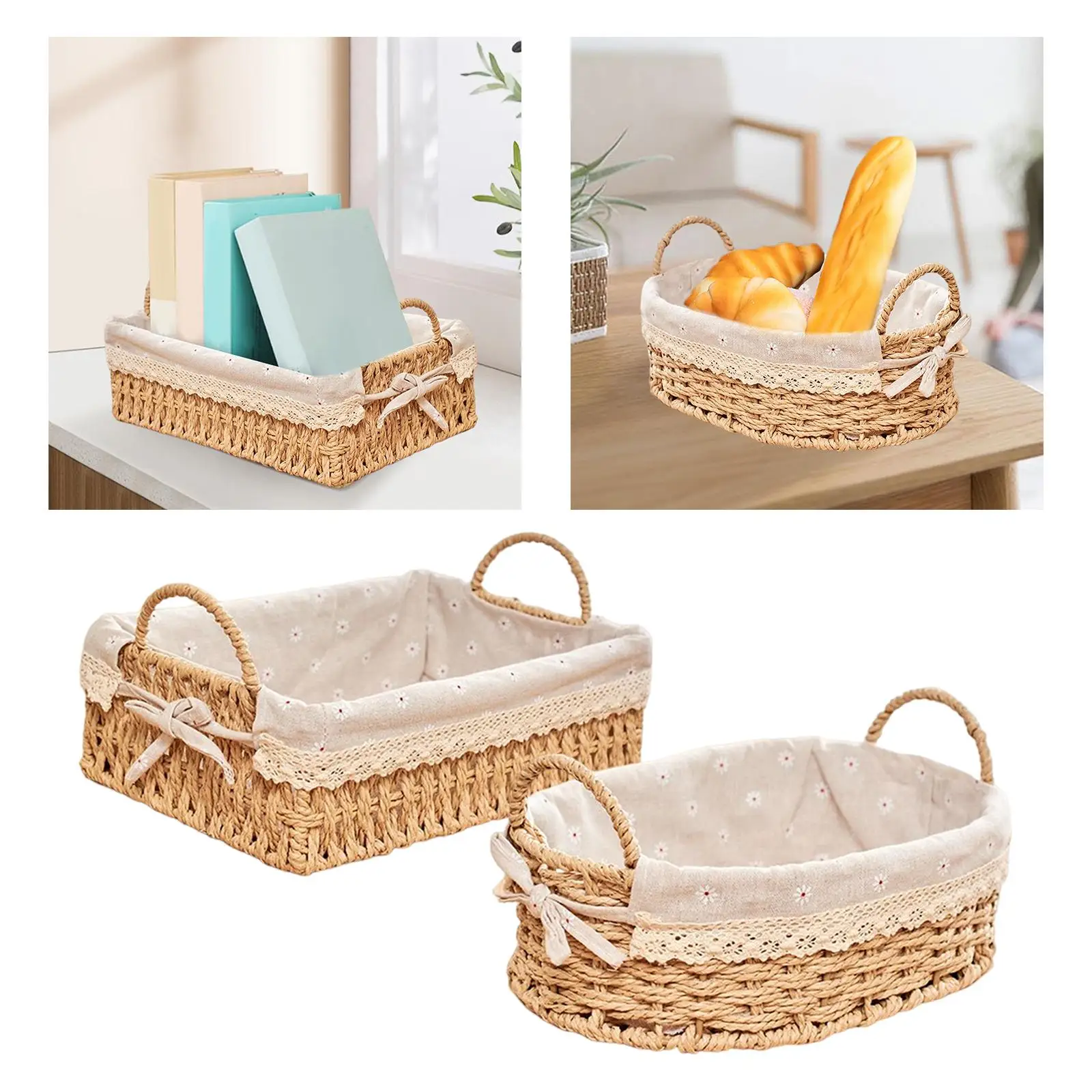 Woven Storage Baskets Kitchen Organizer Handwoven with Handles Cosmetic Box for Breakfast Fruit Bedroom Bathroom Home Decorative