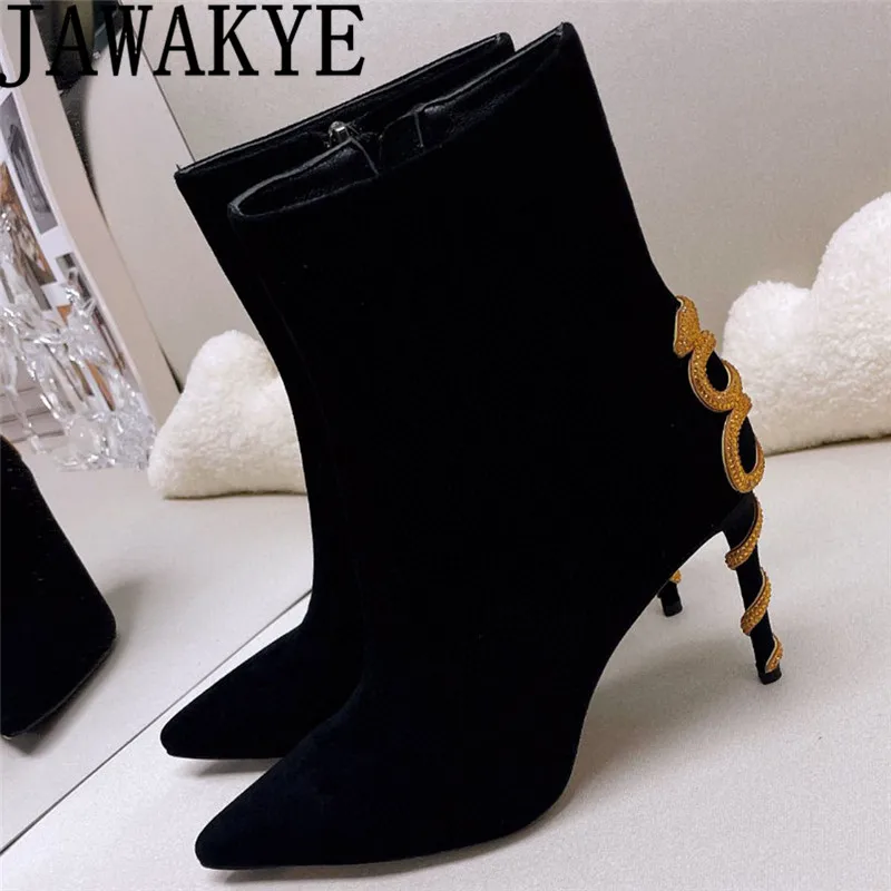 

Дизайнерские брендовые Детские замшевые кожаные сапоги, женские привлекательные золотые сапоги на тонком высоком каблуке со змеиным узором, зимние официальные ботильоны