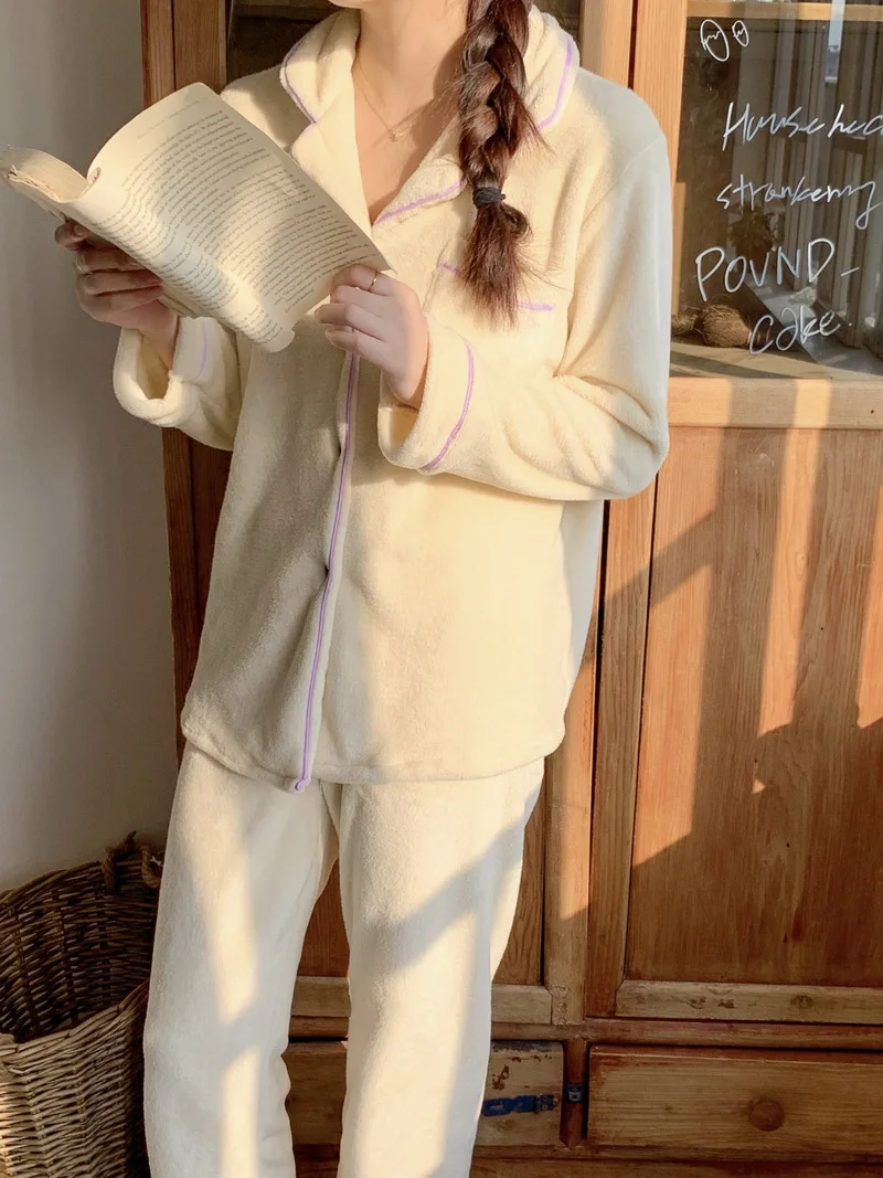 

Winter Home Wear Solid Color Flannel Thermal Pajamas Fashion Lapel Button Cardigan Long Sleeve Loose Sleepwear Night Suit D797