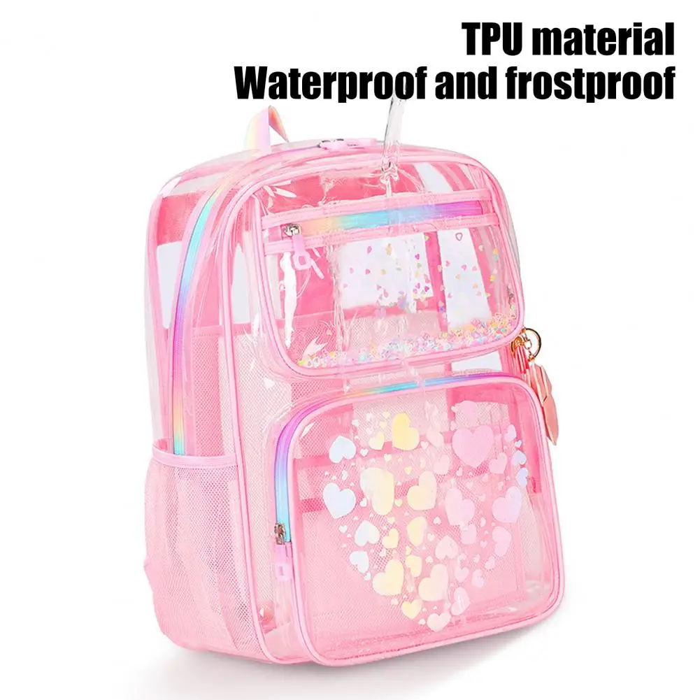 Transparent Backpack for School Waterproof Backpack with Love Heart Prints Main Compartment Front Zipper Pockets for Boys Girls 6