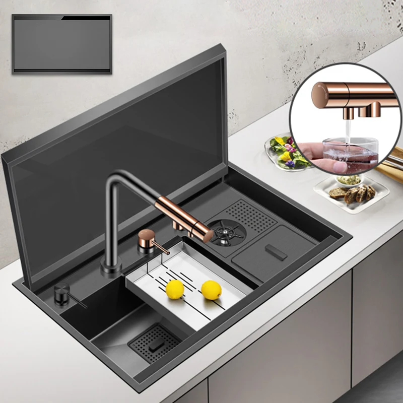 ASRAS Nanometer Flip Cover Hidden kitchen Sink Large Size 304 Stainless Steel 4mm Thickness Handmade kitchen Cup Rinser Sinks