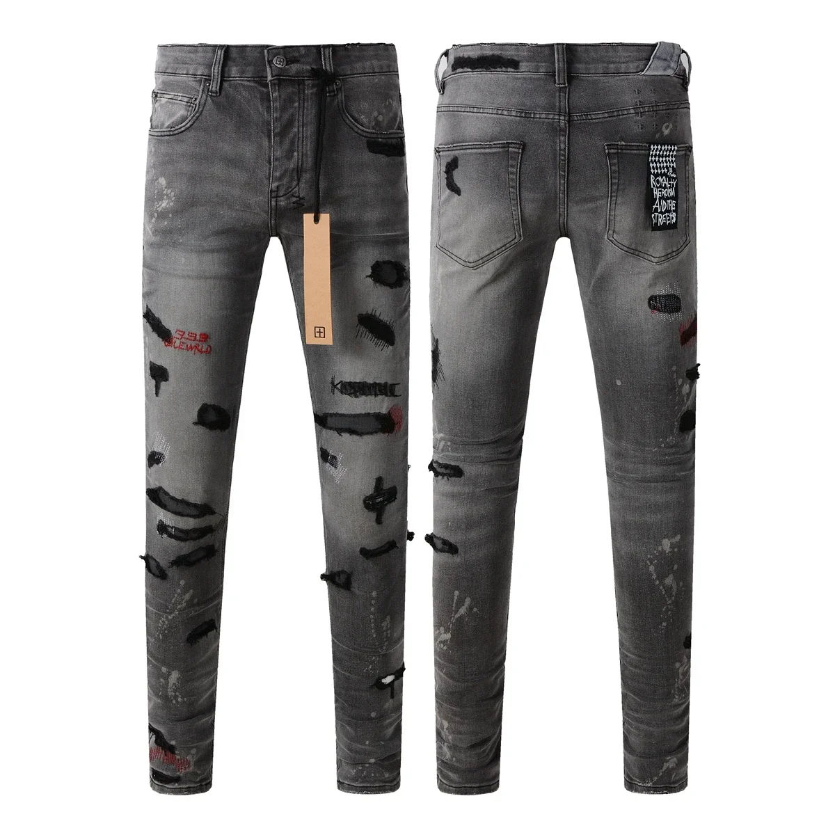 KSUBI Cross Jeans American High Street Splashing ink graffiti Hole Trend Low Rise Skinny Denim Pants Ripped patch Letter Jeans