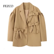 

FEZCO Spring Autumn Women Sweet Brown Solid Bows Loose Suit Jacket Fashion Design Japanese Kawaii Y2k Punk Girls Blazer Outfit