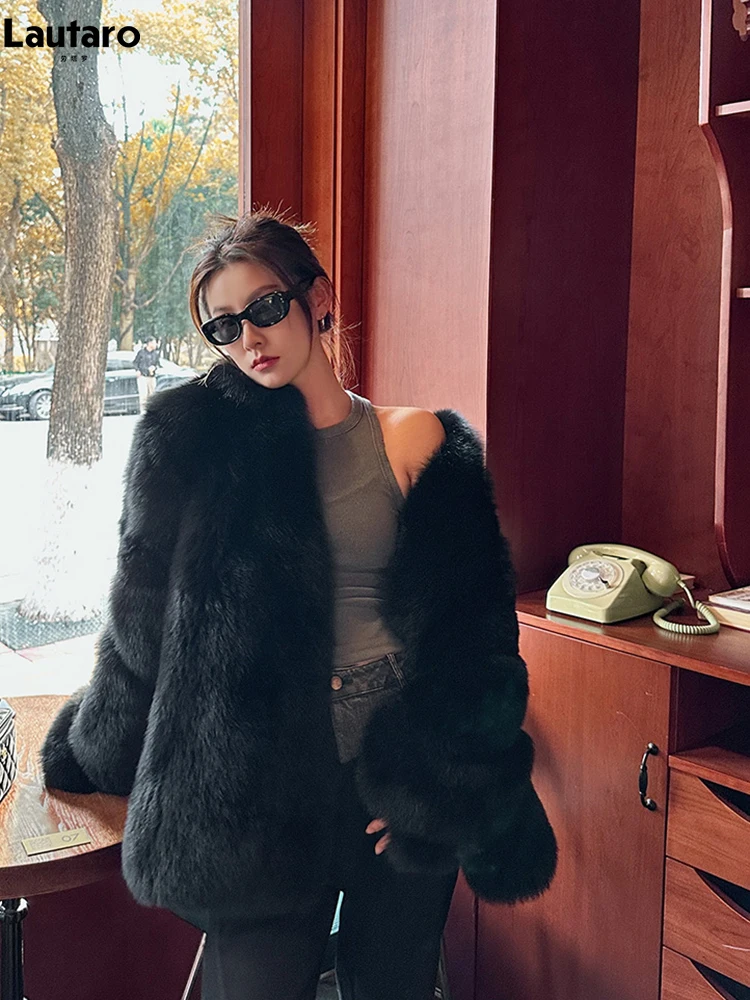 Black Warm Faux Fox Fur Coat Stand Collar Jacket 2024