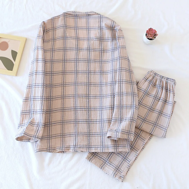 Japanese new spring and autumn men's 100% cotton crepe plaid pajamas long-sleeved trousers two-piece large size home service set