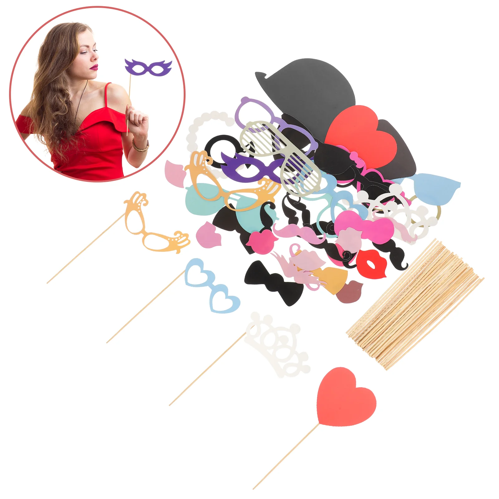DIY 안경 콧수염 빨간 입술 활 넥타이 모자 스틱, 결혼식 생일 파티 사진 부스 소품, 44 인 1