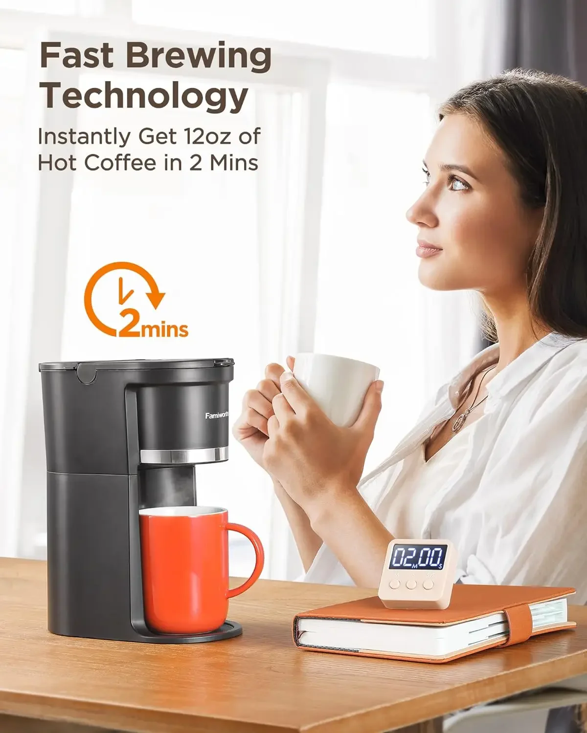 NEW Mini Coffee Maker Single Serve, Instant One Cup for K Cup & Ground Coffee, 6 to 12 Oz Brew Sizes, Black