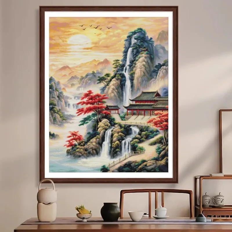 High mountains and flowing water Cross Stitch 11CT 14CT Embroidery DIY Printed Kits Needlework Sets Home Decor Crafts 80 Colors