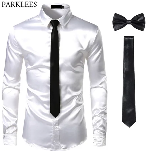 명품 남성의류 실크 드레스 셔츠 3Pcs (셔츠 + 타이 + Bowtie) 부드러운 새틴 셔츠 남자 슬림 피트 파티 댄스 파티 공연복 빅사이즈 남성의류 4