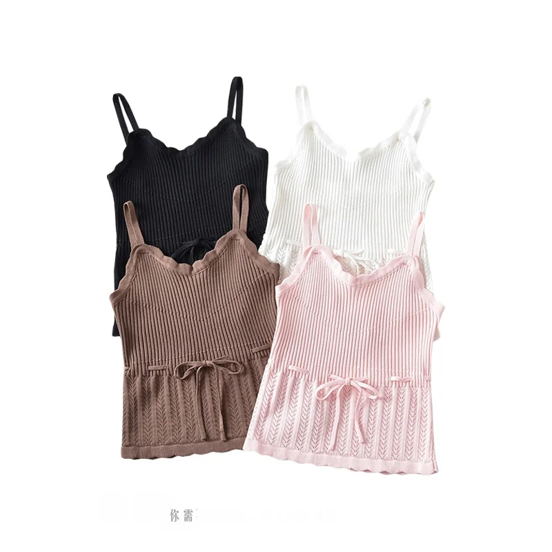 면화 바다 프랑스 스타일 복고풍 밀 중공 니트 슬링 조끼 순수 원하는 Drawstring 슬리밍 웨이브 레이스 조끼