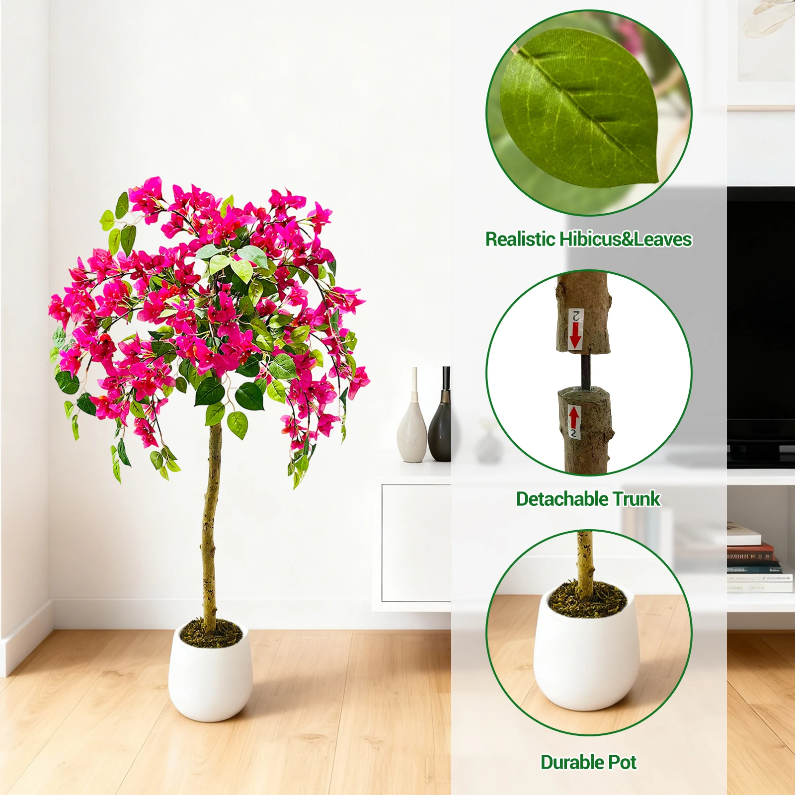 150 cm künstlicher Bougainvillea-Baum mit rosa Blumen im Topf, realistische künstliche Baumpflanze für drinnen und draußen, Büro, Gartendekoration – Detail 9