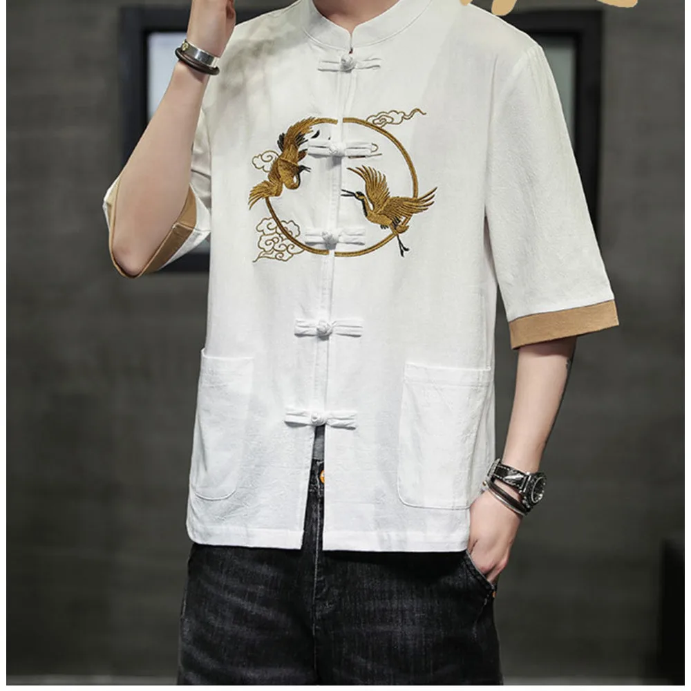 2024 Summer Chinese cotton linen short sleeved men's Tang embroidery Han style loose China-Chic shirt men_autovado.com
