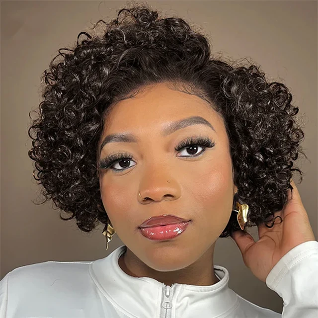 Perruque Pixie Cut Cheveux Humains Ondulés Effet Mouillé avec Dentelle Transparente 13x1, Perruques Courtes Bob pour Femmes, 250% de Réduction 1
