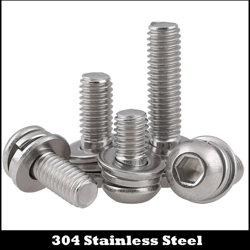 

M3*5/6/8/10/12/14/16/20/25/30 304 Stainless Steel Plain Spring Washer Hex Hexagon Socket Pan Round Head Sems Screw Assembly Bolt