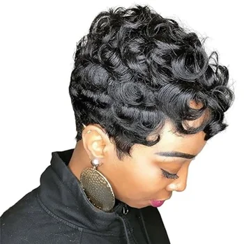 Short Pixie Wigs for Black Women Short Black Curly pixie Wigs Synthetic Hair Wigs for Black Women Natural Wavy Black pixie Cut 1