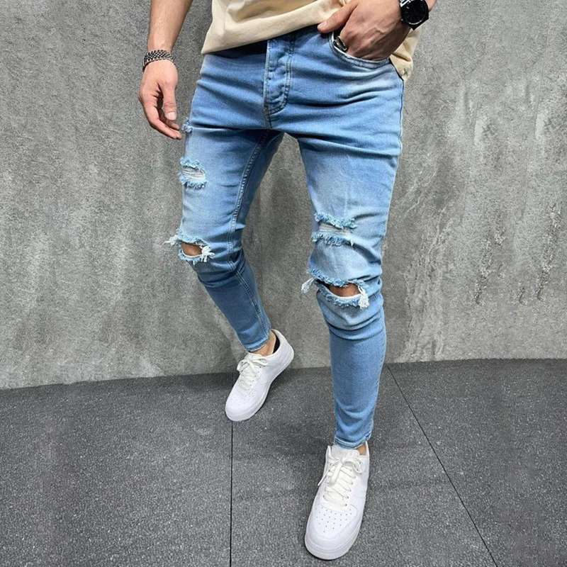 Men's Fashion Holes Skinny Jeans Pants High Street Male Ripped Distressed Casual Stretch Beggar Pencil Denim Pants