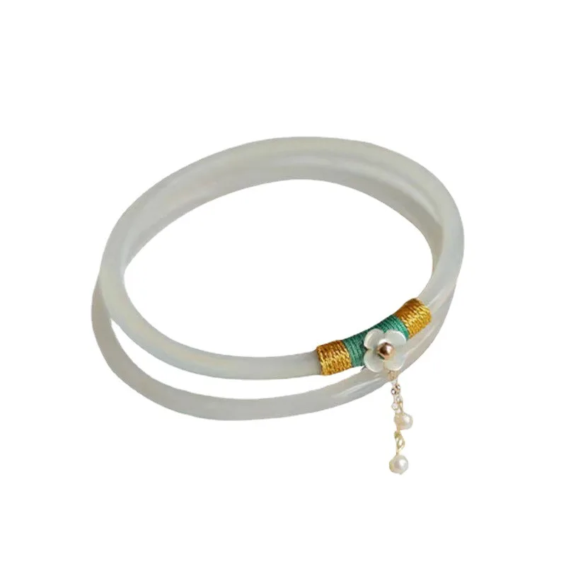 2Pcs/Set Natural Jade Jingle Bangles Retro Fairy Bell Glass Bracelet Femme Fashion Women's Casual China Jewelry Gifts