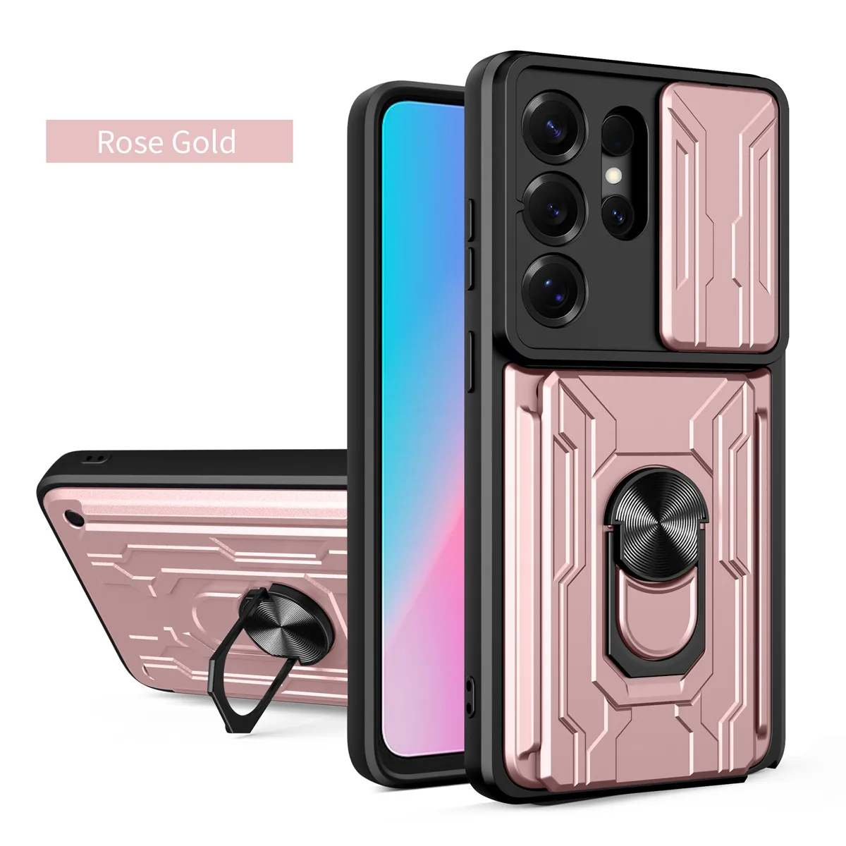 Heavy Duty Armor Mobile Phone Case with Slide Lens Protection and Card Slot Holder - Shockproof Cover
