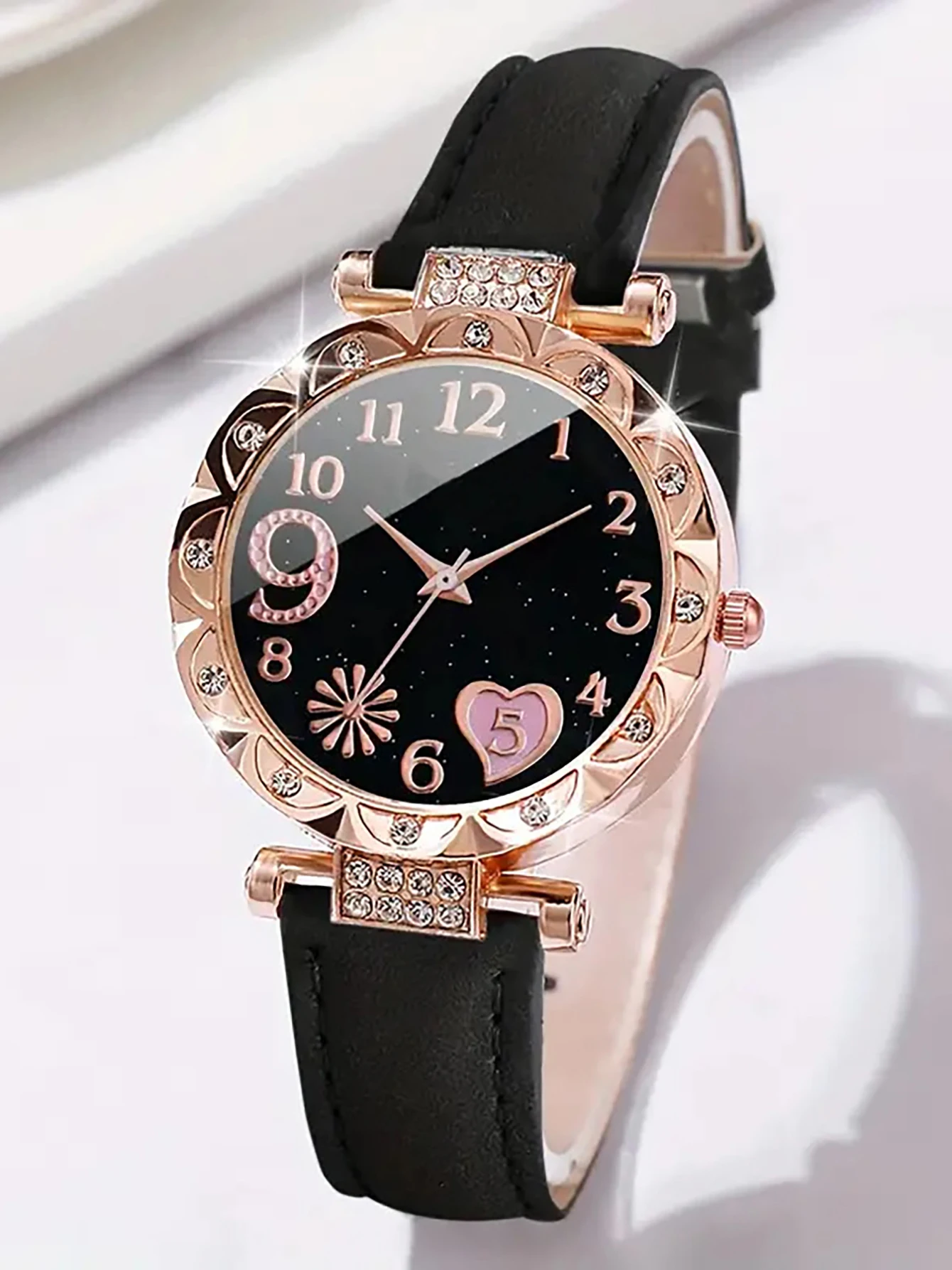 6PCS Women's Fashion Quartz Watch Luxury Pink Leather Band Analog WristWatch Ladies Watch Women Dress Bracelet Set  Clock 6