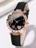 6PCS Women's Fashion Quartz Watch Luxury Pink Leather Band Analog WristWatch Ladies Watch Women Dress Bracelet Set  Clock 6