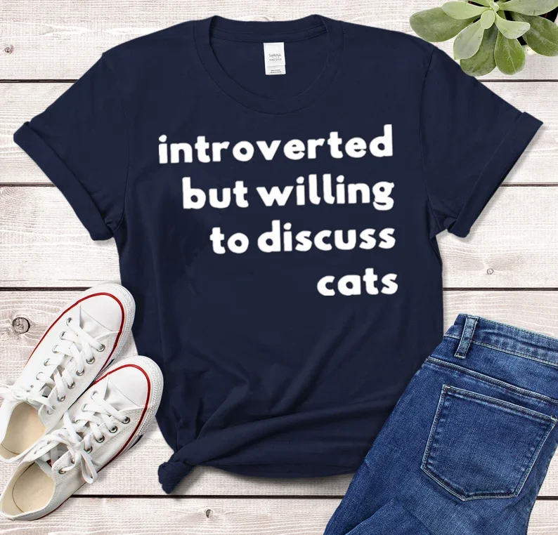 

Introverted But Willing To Discuss Cats, Cat Rescue Shirt Owner Gift Lover Pet Cat Shirt Short Sleeve Top Tees O Neck goth y2k