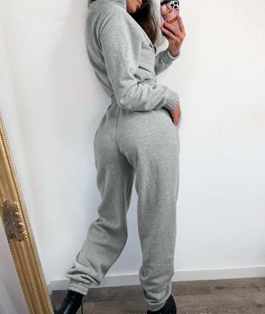 Woman Casual Zipper Design Elastic Waist Cuffed Jumpsuit High Stretch Women's Stand Collar Simple Long Sleeve Cargo Jumpsuits