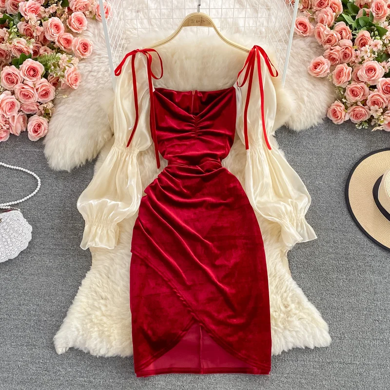 

Autumn Hot 2023 French Sexy Long Bubble Sleeve Velvet Dress Fashion Women Celebrity Slim Wrap Hip Square Neck Dresses