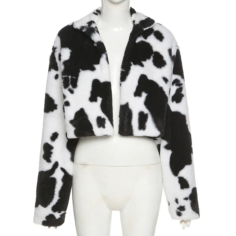 black puffer coat womens JMPRS Fashion Women Crop Faux Fur Coats Goth Dark Punk Style Gothic Fall Cow Print Female Short Jacket Cardigan Female Clothes white bubble coat