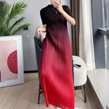 Long Dresses Elegant Party Dresses Woman Miyake Pleated Dress Female Gradient Long Loose Fashion Stitching Drape Bottoming Dress 1