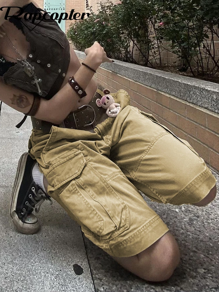 Rapcopter-pantalones cortos Cargo y2k para mujer, Shorts de color caqui con grandes, ropa de calle para ciclismo, estilo Grunge Harajuku AliExpress
