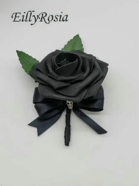 EillyRosia Skull Brooch Bouquet with Jwelry Sequined Tassel Black Gothic Wedding Bouquet for Bridesmaid Boutonnieres Corsage Set