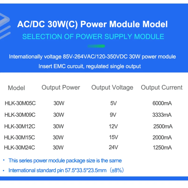 EMC ACDC 절연 스위치 조정 전원 공급 장치 모듈, 220V 9V, 12V, 15V, 24V, 30W, HLK-30M09C, 30M12C, 30M15C, 30M24C