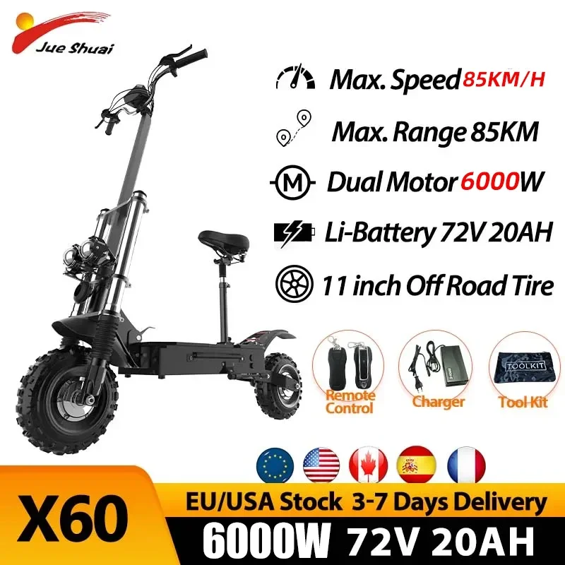 

50MPH 85KM/H Electric Scooter for Adults 6000W 72V 62 Miles Mileage E Scooter 20AH Li Battery 11 Inch Tires Folding EU USA Stock