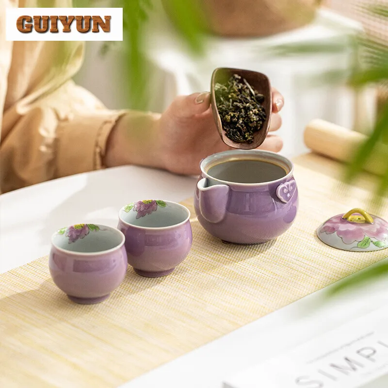 Hand Drawn Purple Peony Travel Tea Set Boutique Hand Grasp Pot Tea Set Kit Elegant 1 Pot 2 Cups Maker Stock Bags Decoration