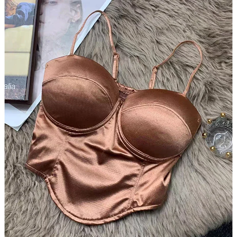 Women Sexy Camisole Tops Solid Pleated Satin Tanks Top With Bra Pad Beach Spaghetti Backless Casual Spring Summer